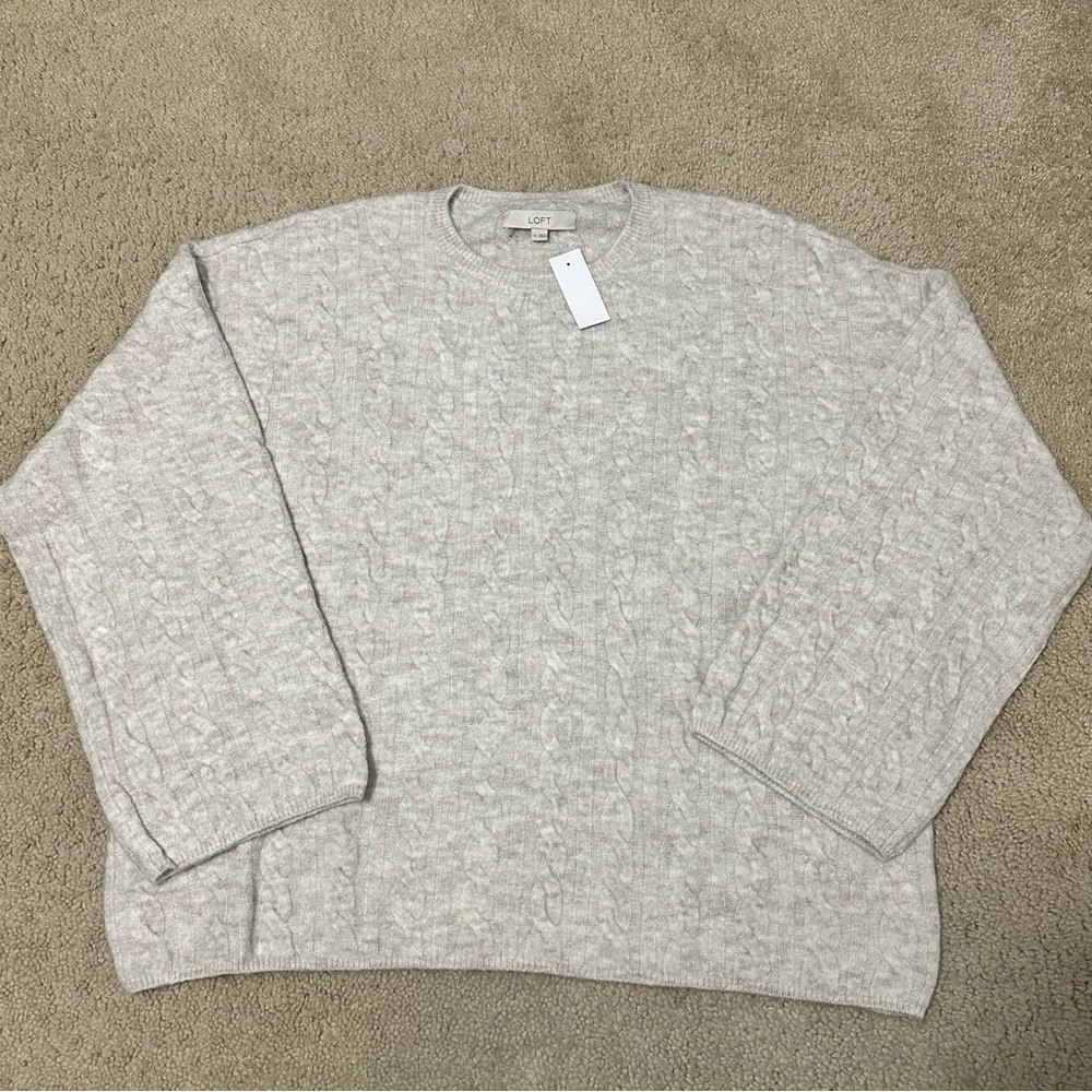 LOFT Heathered Wide Sleeve Cable Sweater in Silver Sand Heather Size XL NWT - Picture 2 of 7